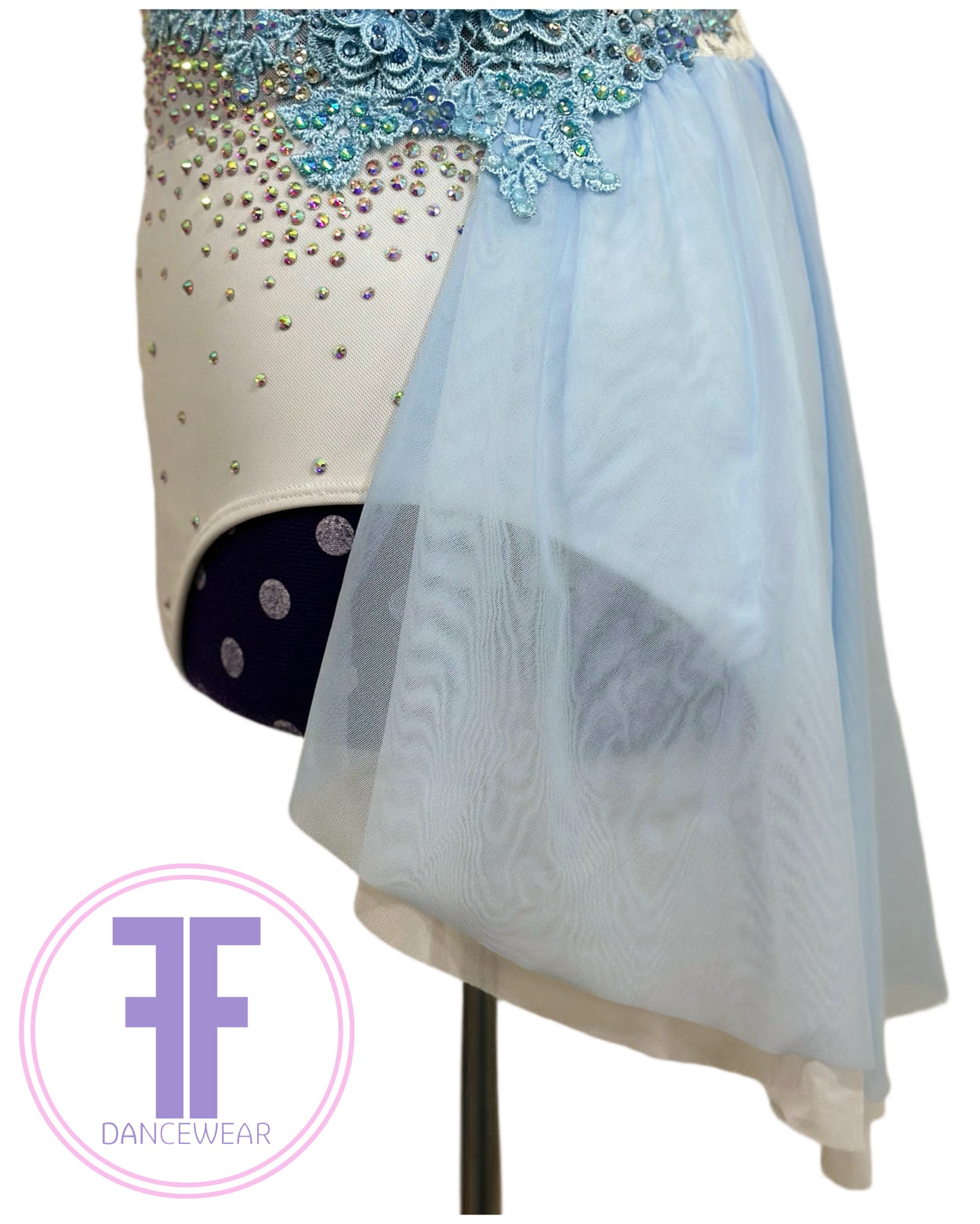 PRE-LOVED BESPOKE White & Blue Stoned Lyrical / Contemporary Dance Costume (Adult Small)