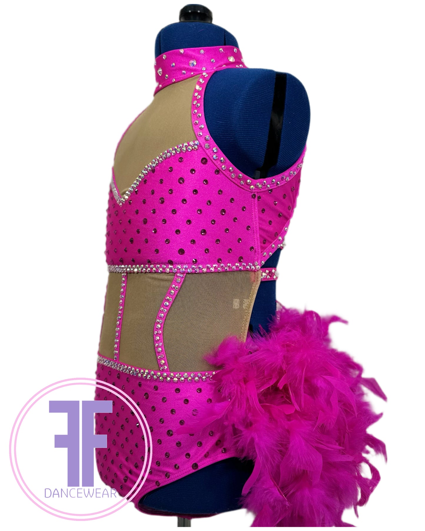 BESPOKE Cerise Pink Feather Bustle Stoned Modern / Tap Dance Costume (9/10 yrs)