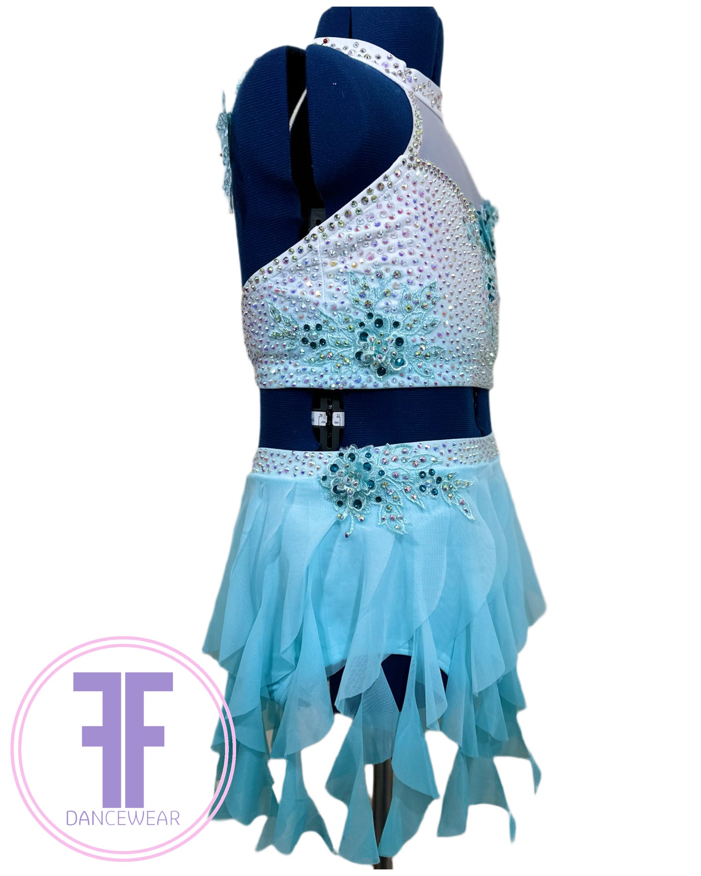 BESPOKE White & Teal Lyrical / Contemporary Dance Costume (9/10 yrs)