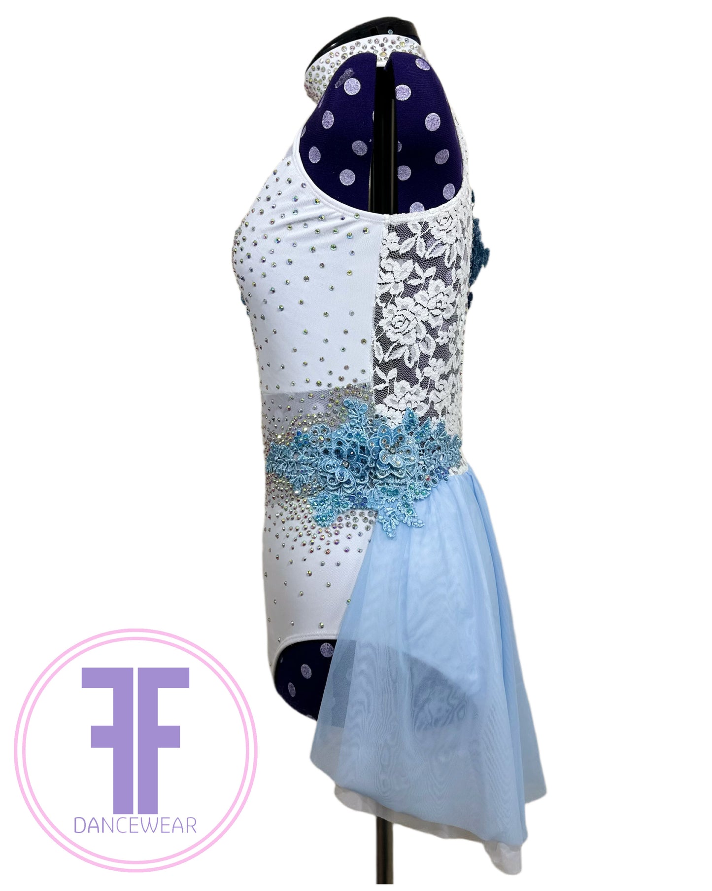 PRE-LOVED BESPOKE White & Blue Stoned Lyrical / Contemporary Dance Costume (Adult Small)