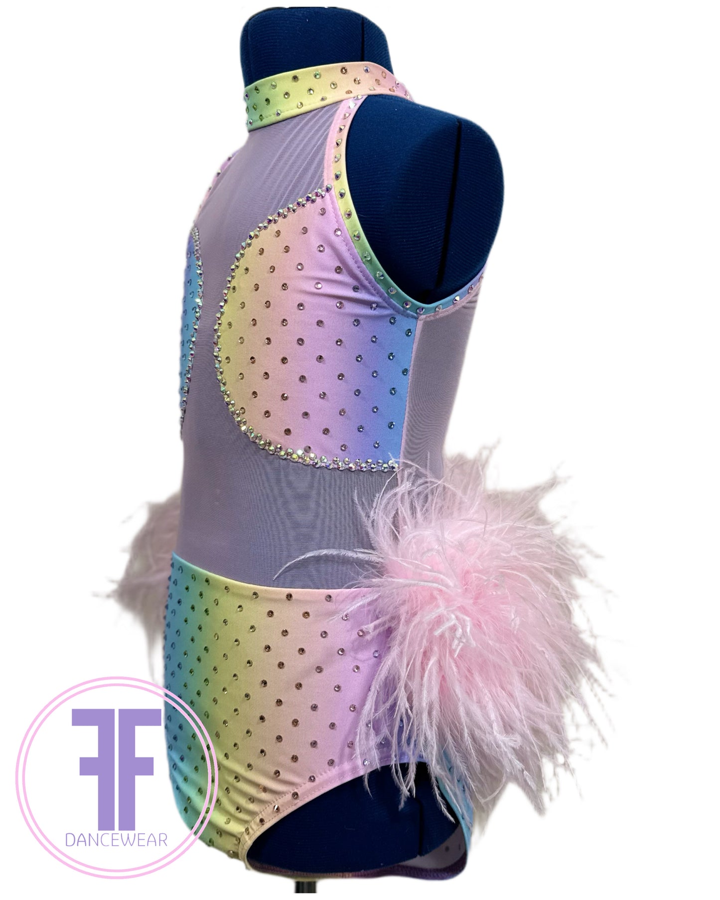 BESPOKE Pastel Rainbow Feather Bustle Stoned Modern / Tap Dance Costume (9/10 yrs)
