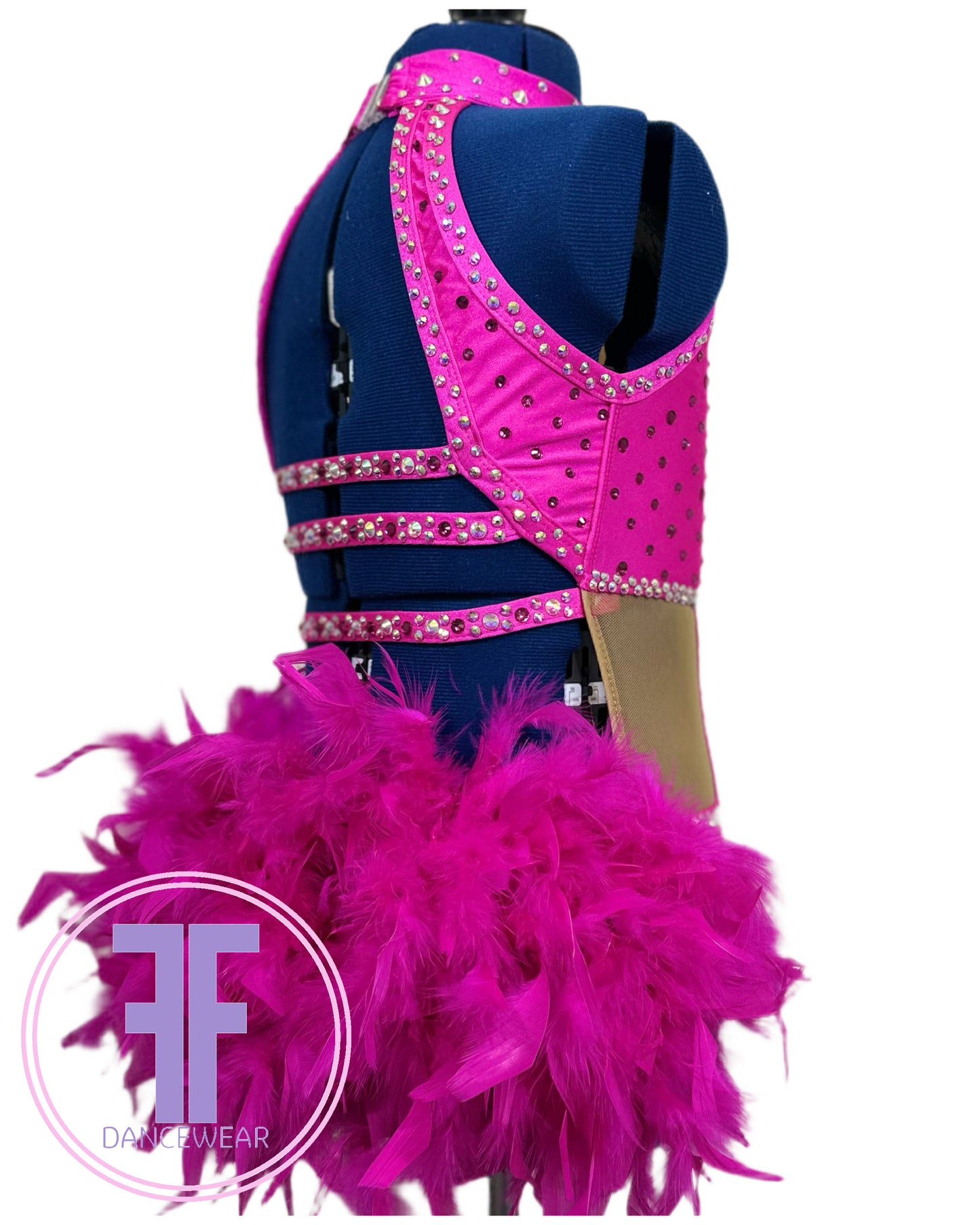 BESPOKE Cerise Pink Feather Bustle Stoned Modern / Tap Dance Costume (9/10 yrs)