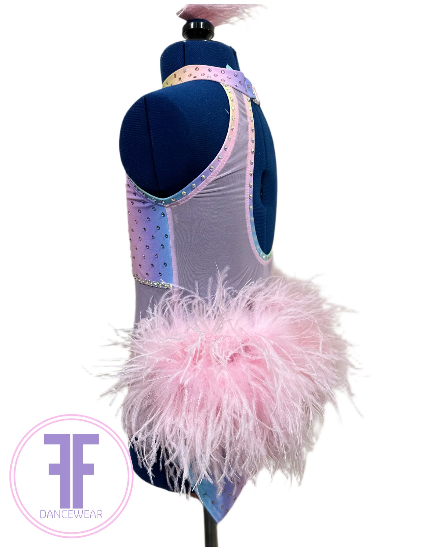 BESPOKE Pastel Rainbow Feather Bustle Stoned Modern / Tap Dance Costume (9/10 yrs)