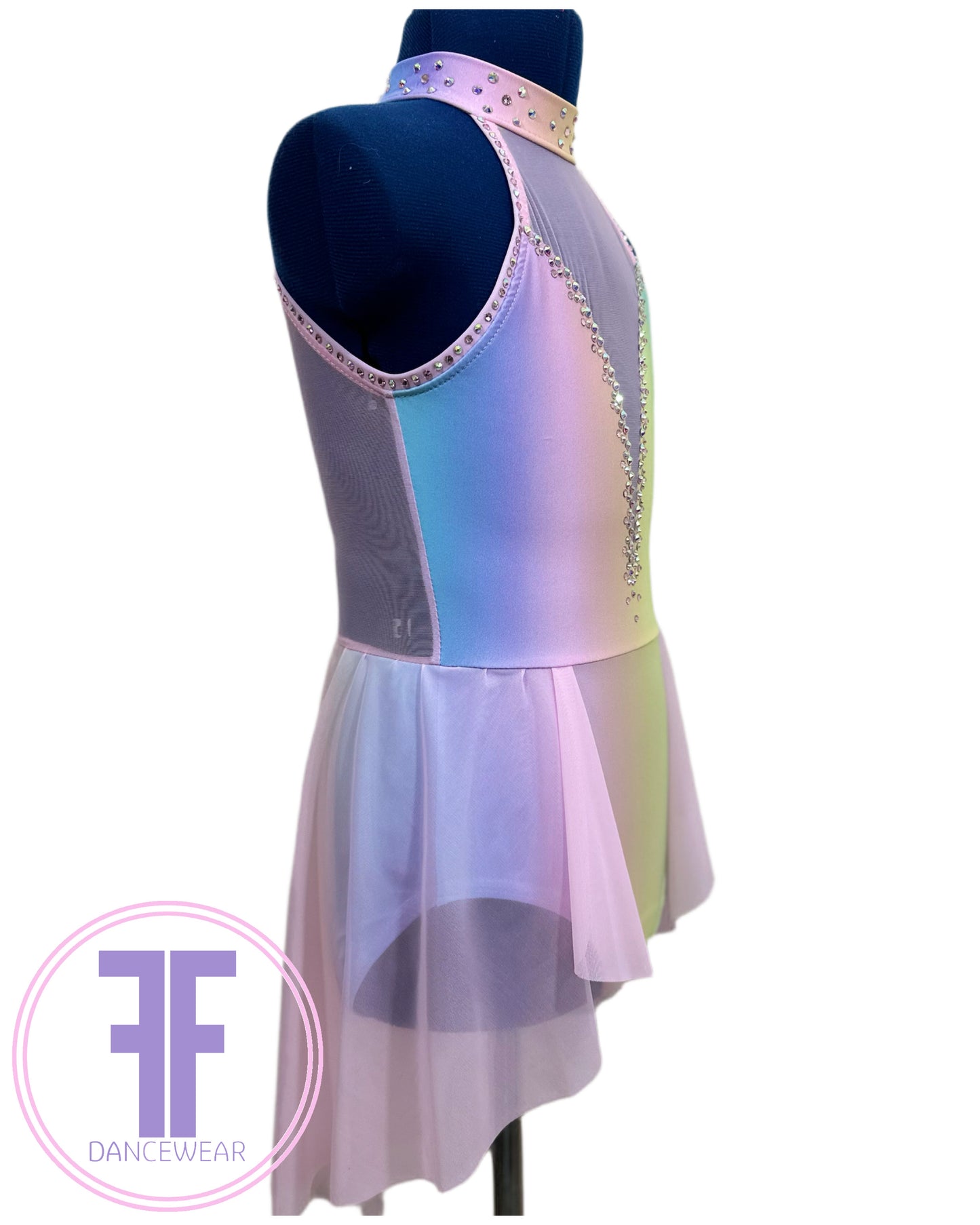 BESPOKE Pastel Rainbow & Pink Stoned Lyrical / Contemporary Dance Costume (7/8 yrs)