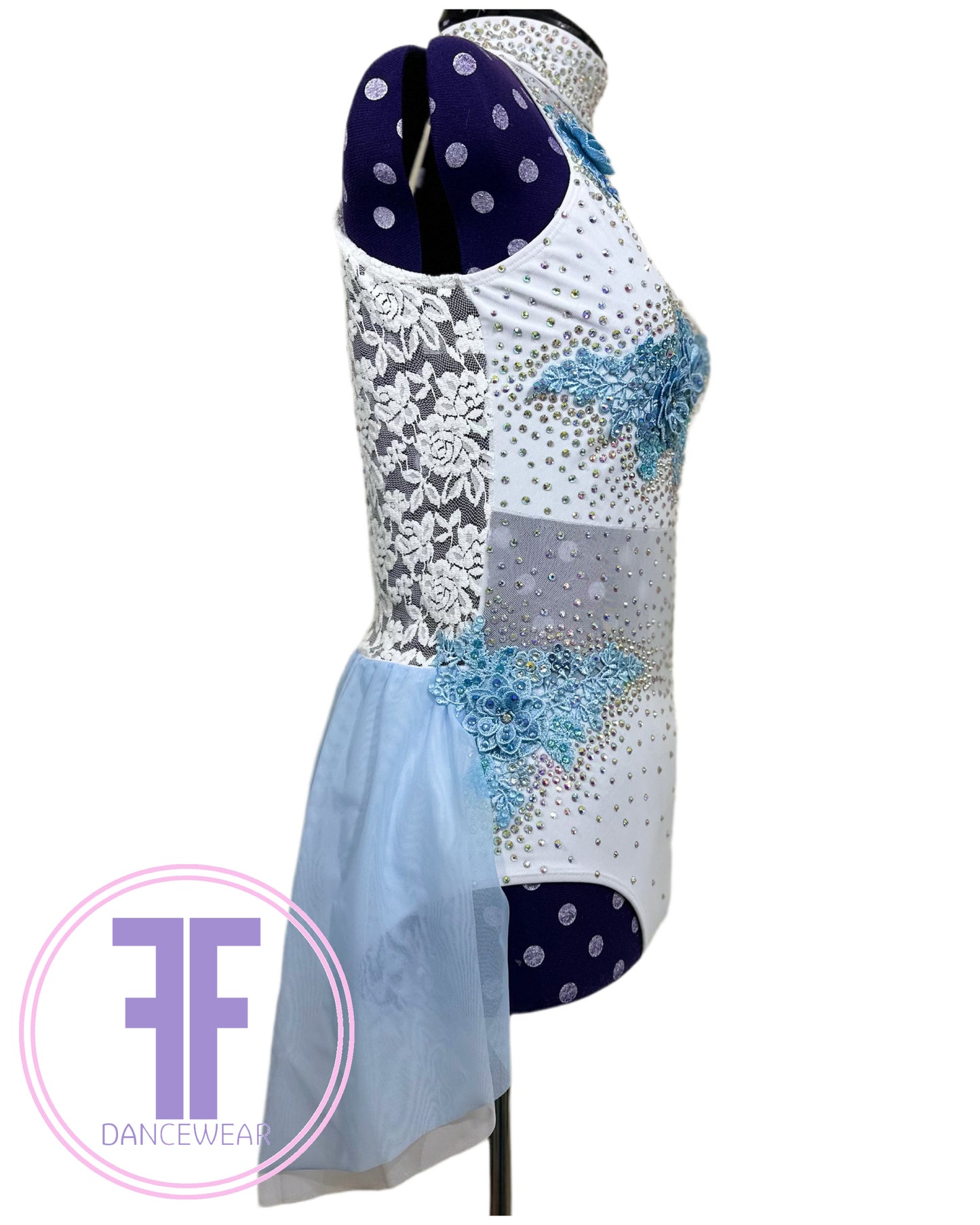 PRE-LOVED BESPOKE White & Blue Stoned Lyrical / Contemporary Dance Costume (Adult Small)
