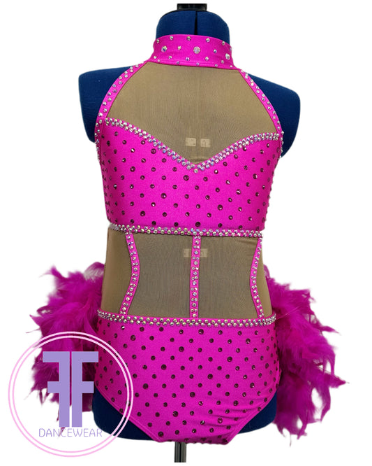 BESPOKE Cerise Pink Feather Bustle Stoned Modern / Tap Dance Costume (9/10 yrs)