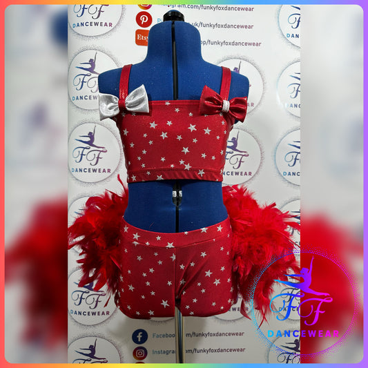 BESPOKE Red Metallic & Silver Glitter Star Modern / Tap / Jazz Dance Costume (Size 1 - 7/8 yrs)