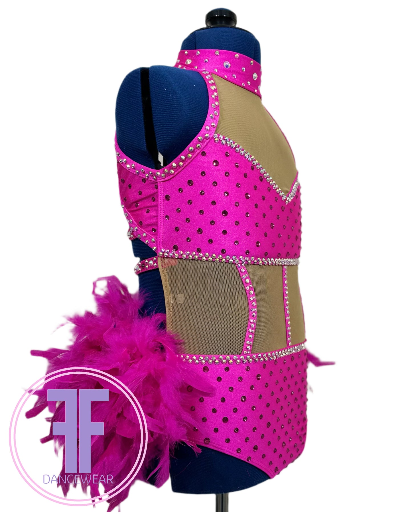 BESPOKE Cerise Pink Feather Bustle Stoned Modern / Tap Dance Costume (9/10 yrs)