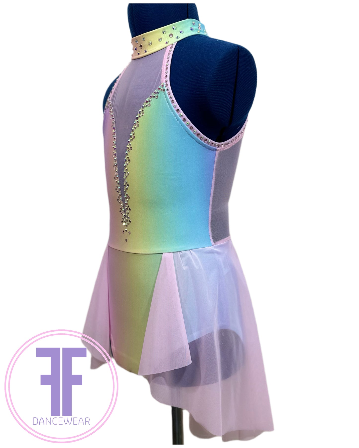 BESPOKE Pastel Rainbow & Pink Stoned Lyrical / Contemporary Dance Costume (7/8 yrs)
