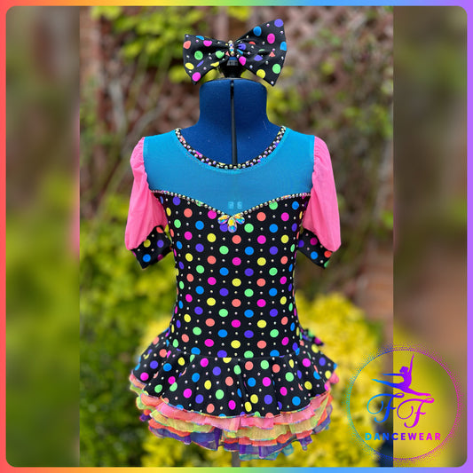 BESPOKE Neon Spots Stoned Modern / Tap / Jazz Dance Costume (Size 1 - 7/8 yrs)
