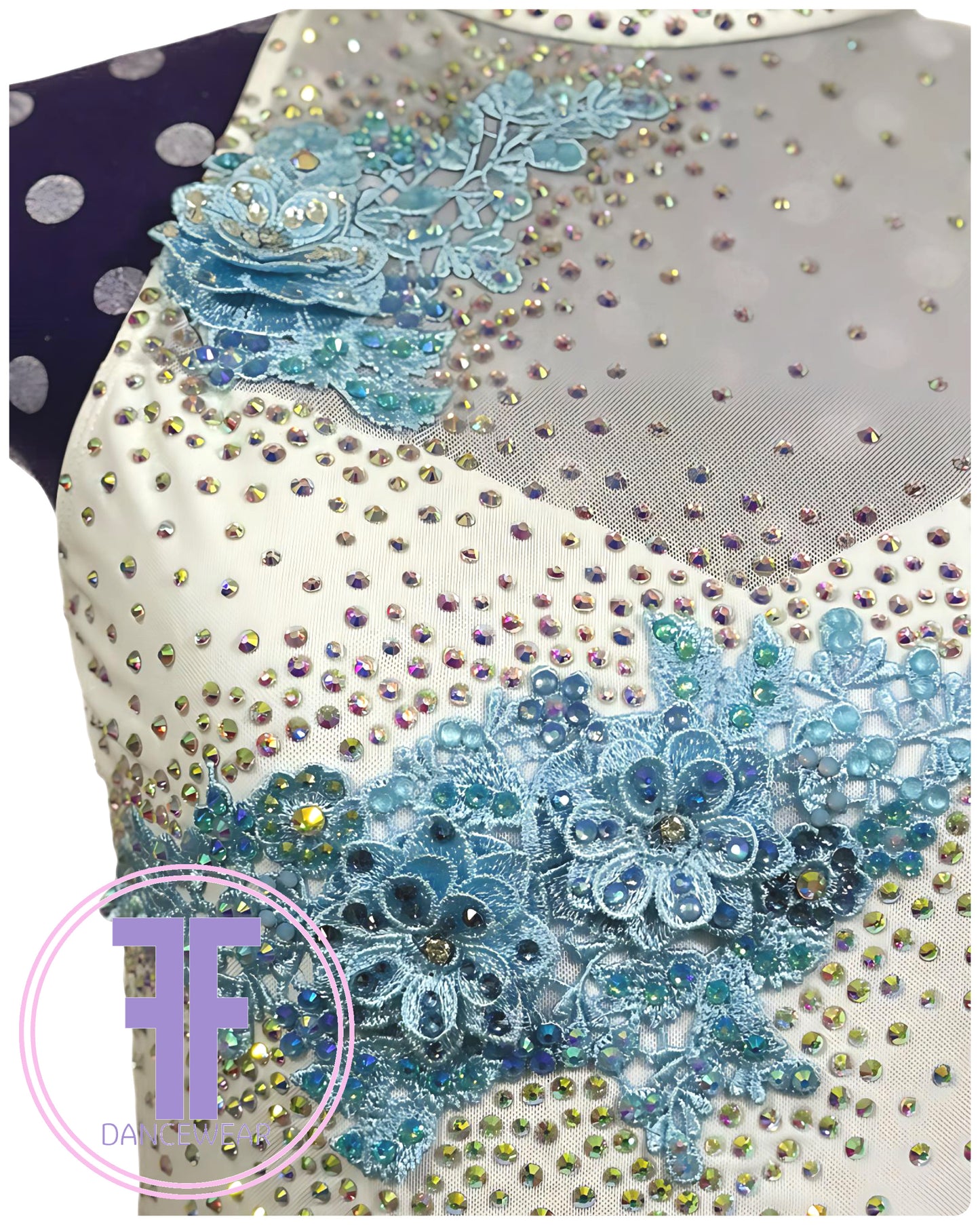 PRE-LOVED BESPOKE White & Blue Stoned Lyrical / Contemporary Dance Costume (Adult Small)