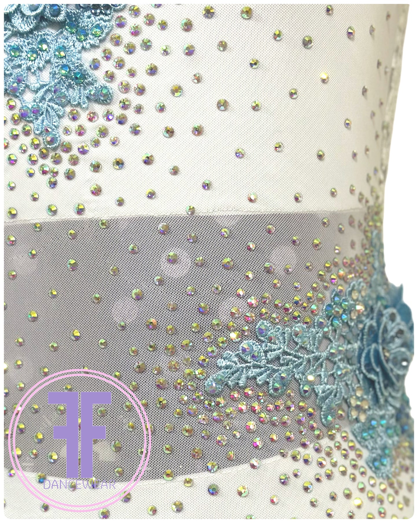 PRE-LOVED BESPOKE White & Blue Stoned Lyrical / Contemporary Dance Costume (Adult Small)