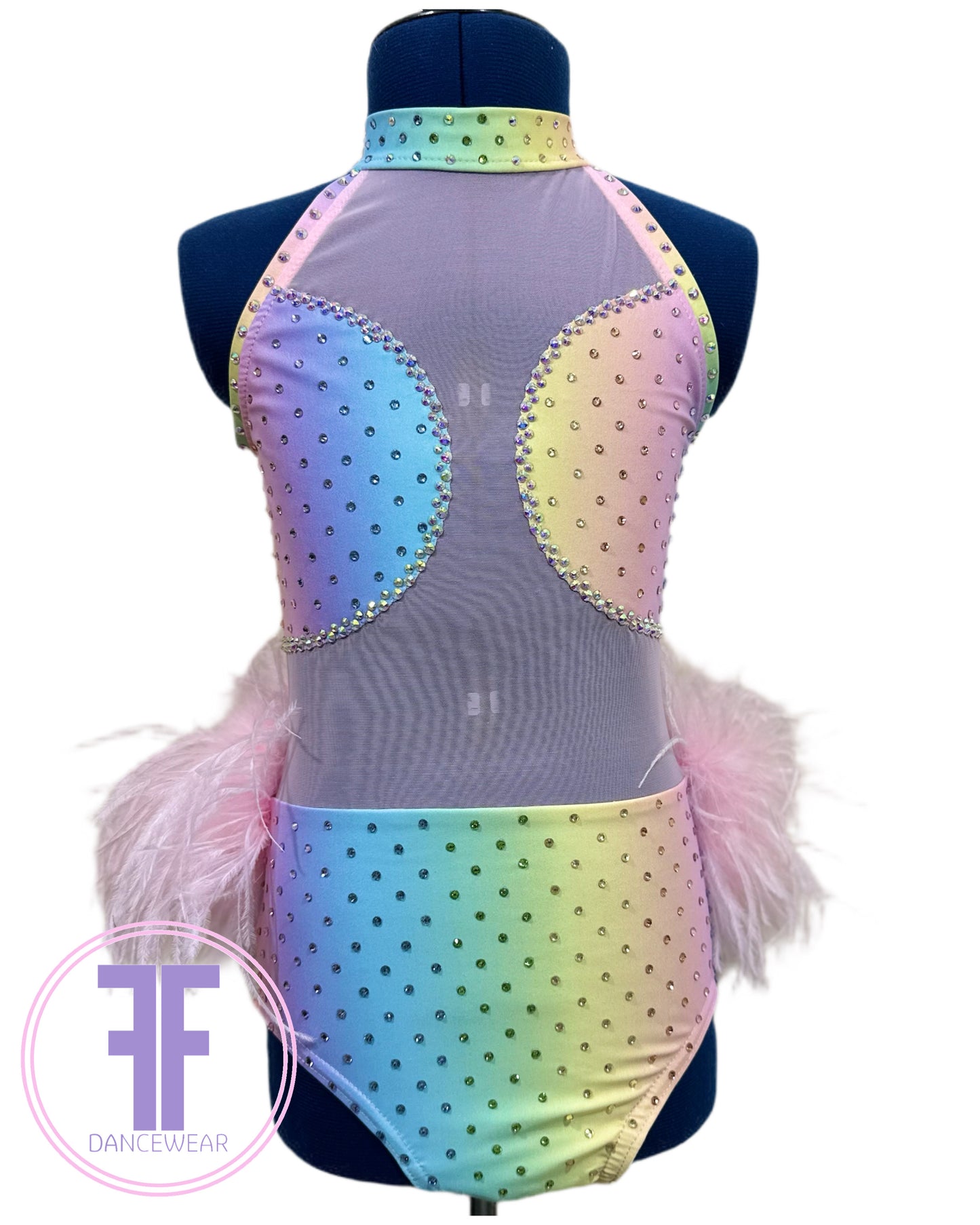BESPOKE Pastel Rainbow Feather Bustle Stoned Modern / Tap Dance Costume (9/10 yrs)