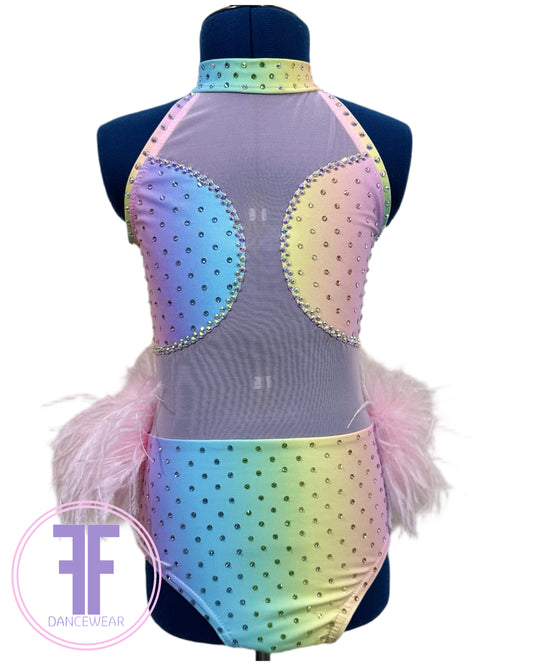 BESPOKE Pastel Rainbow Feather Bustle Stoned Modern / Tap Dance Costume (9/10 yrs)