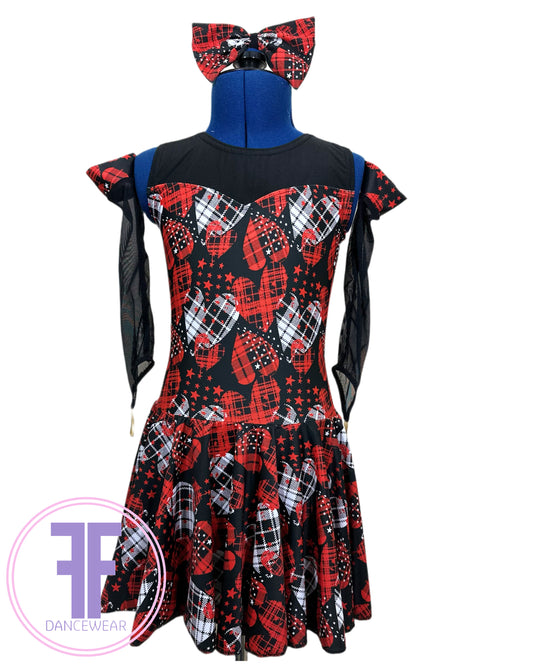 BESPOKE Tartan Red & Black Heart Modern / Tap Dance Costume (7/8 yrs)