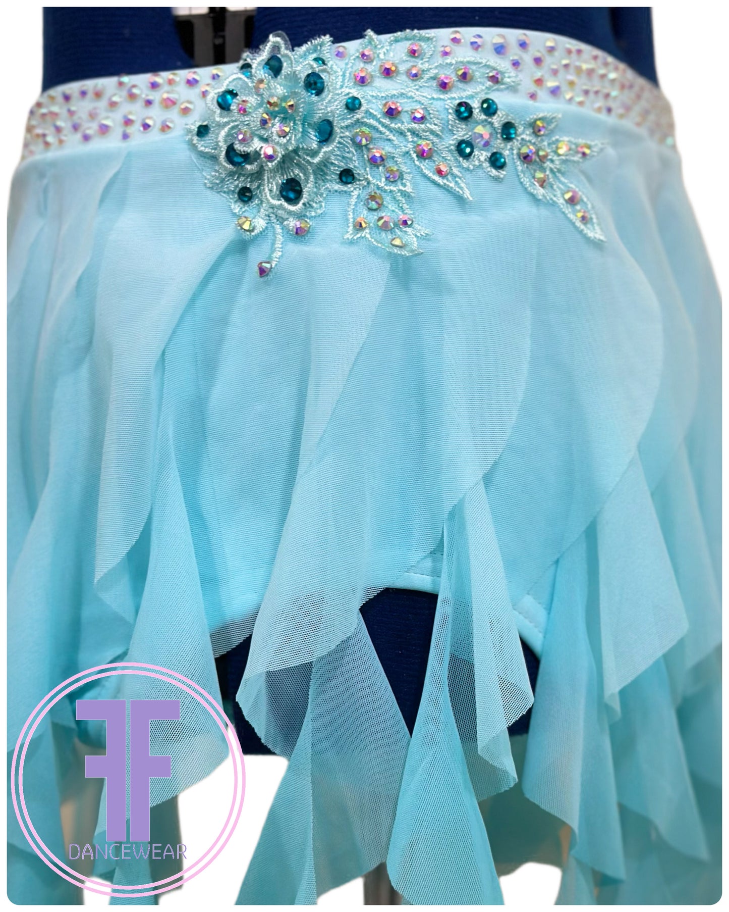 BESPOKE White & Teal Lyrical / Contemporary Dance Costume (9/10 yrs)