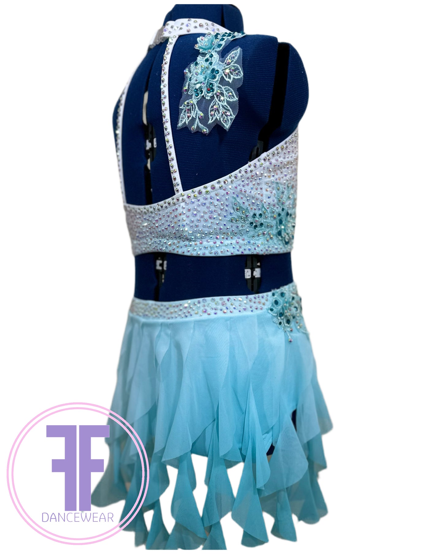 BESPOKE White & Teal Lyrical / Contemporary Dance Costume (9/10 yrs)