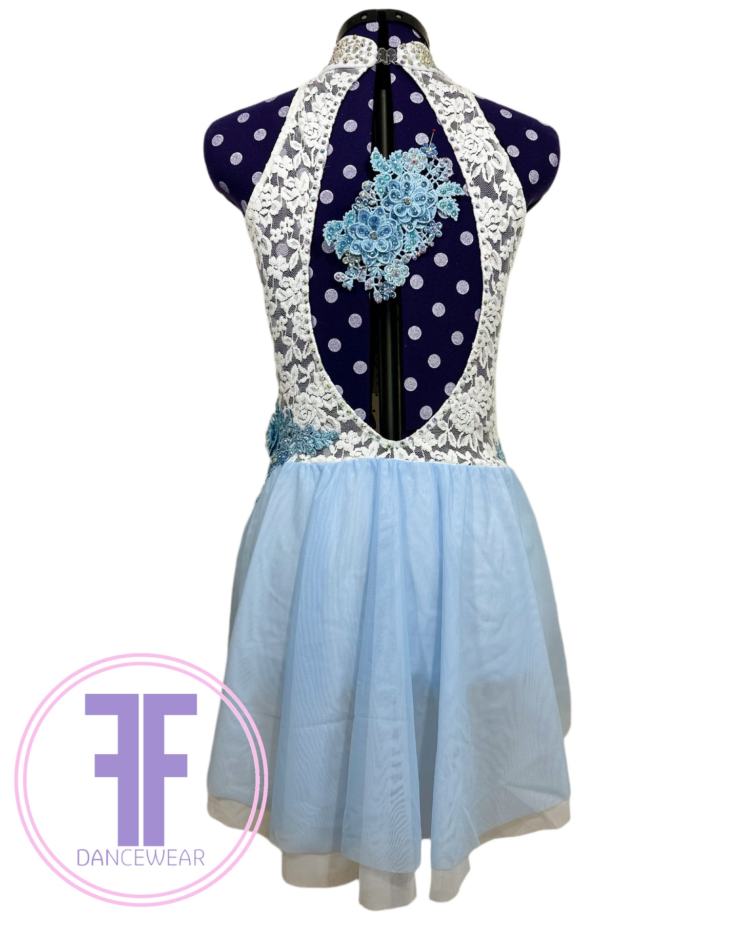 PRE-LOVED BESPOKE White & Blue Stoned Lyrical / Contemporary Dance Costume (Adult Small)
