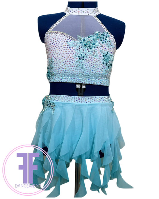 BESPOKE White & Teal Lyrical / Contemporary Dance Costume (9/10 yrs)