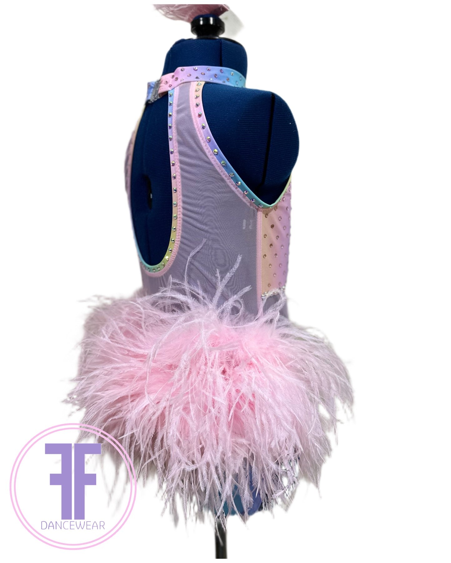 BESPOKE Pastel Rainbow Feather Bustle Stoned Modern / Tap Dance Costume (9/10 yrs)