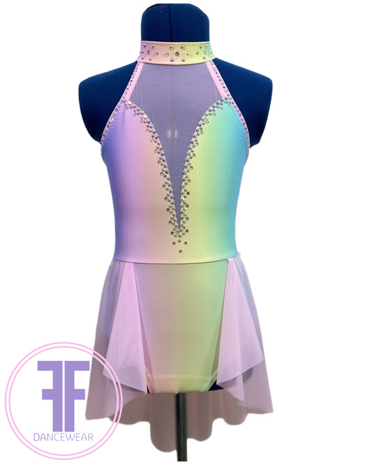 BESPOKE Pastel Rainbow & Pink Stoned Lyrical / Contemporary Dance Costume (7/8 yrs)
