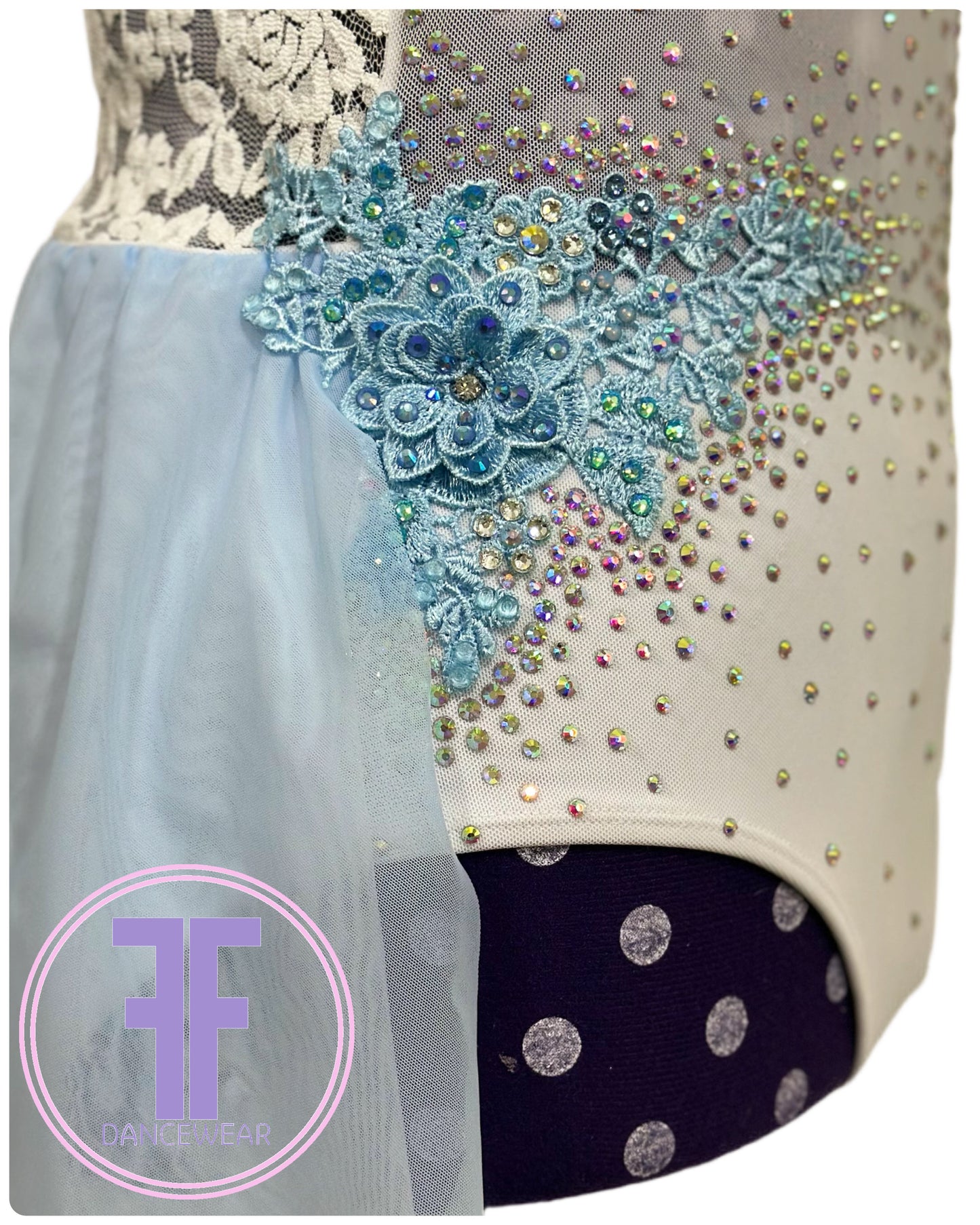 PRE-LOVED BESPOKE White & Blue Stoned Lyrical / Contemporary Dance Costume (Adult Small)
