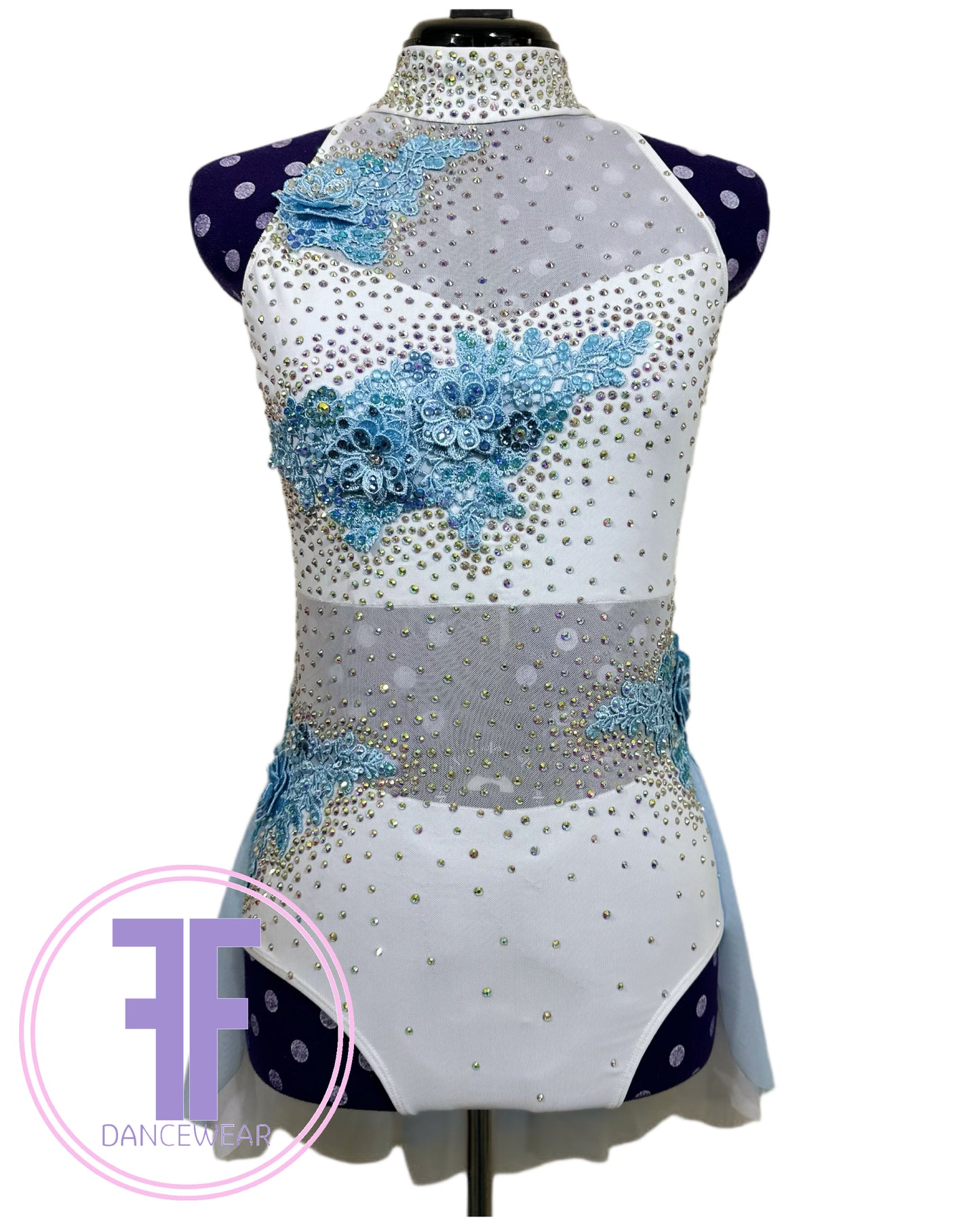 PRE-LOVED BESPOKE White & Blue Stoned Lyrical / Contemporary Dance Costume (Adult Small)