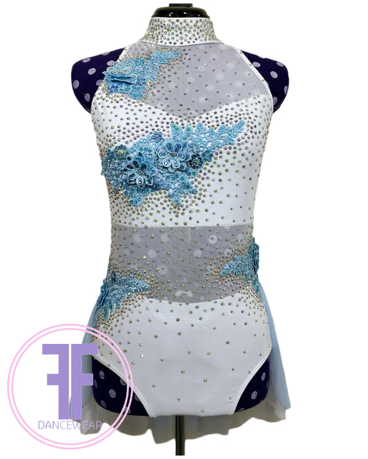 PRE-LOVED BESPOKE White & Blue Stoned Lyrical / Contemporary Dance Costume (Adult Small)