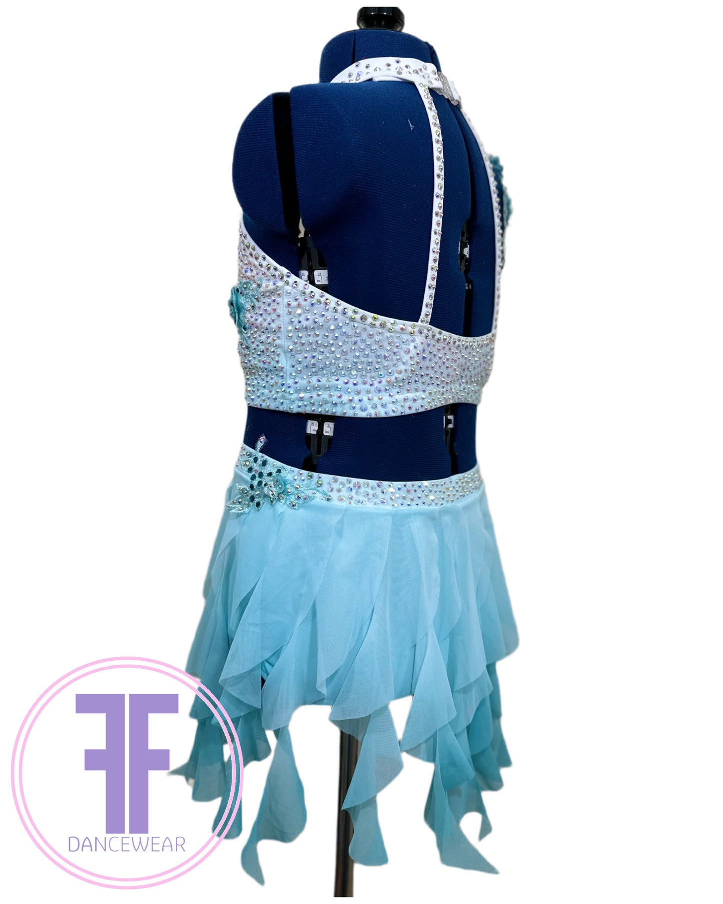 BESPOKE White & Teal Lyrical / Contemporary Dance Costume (9/10 yrs)