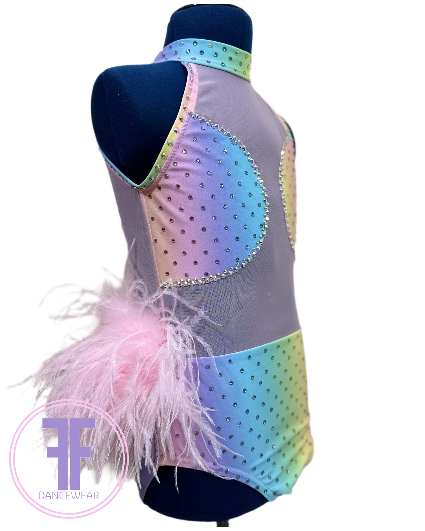 BESPOKE Pastel Rainbow Feather Bustle Stoned Modern / Tap Dance Costume (9/10 yrs)