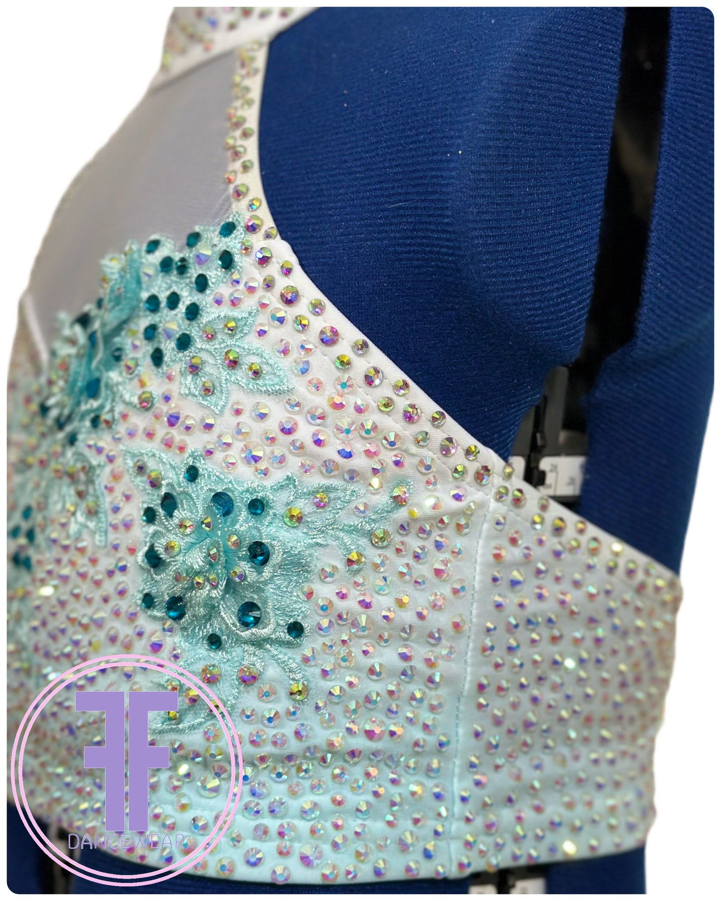 BESPOKE White & Teal Lyrical / Contemporary Dance Costume (9/10 yrs)