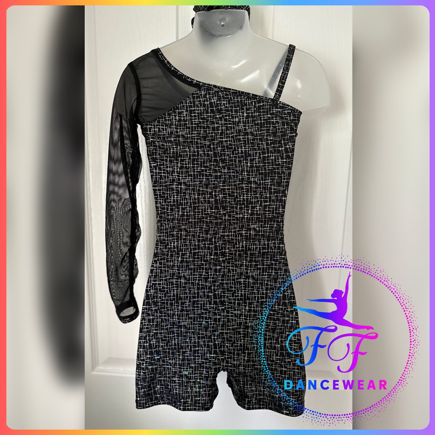 BESPOKE Black & Silver Holographic Short leg Unitard Acro / Modern Dance Costume (Size 2 - 9/10 yrs)