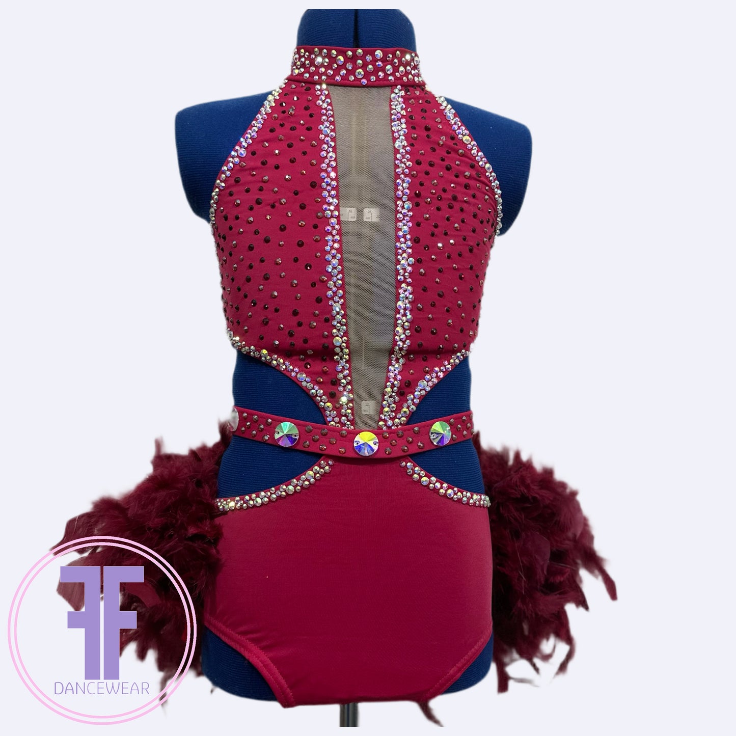 BESPOKE Burgundy Feather Bustle Stoned Modern / Tap Dance Costume (9/10 yrs)