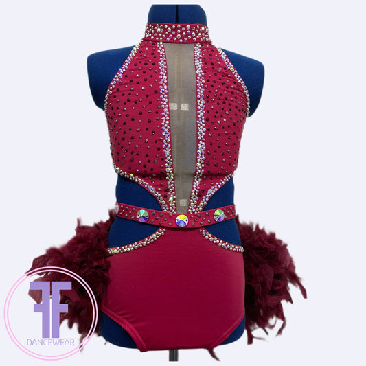BESPOKE Burgundy Feather Bustle Stoned Modern / Tap Dance Costume (9/10 yrs)