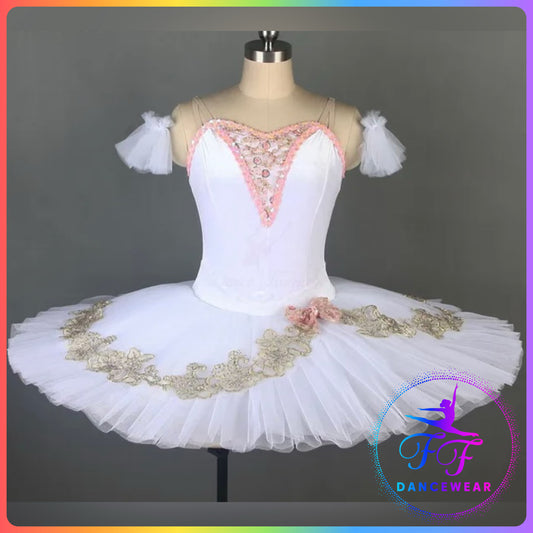 White Velvet Gold Trim Professional Ballet Pancake Tutu (Child & Adult Sizes)