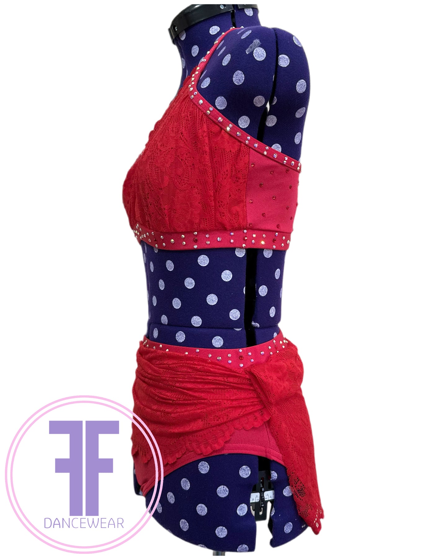 PRE-LOVED BESPOKE Red Stoned Lyrical / Contemporary Dance Costume (Adult XS)