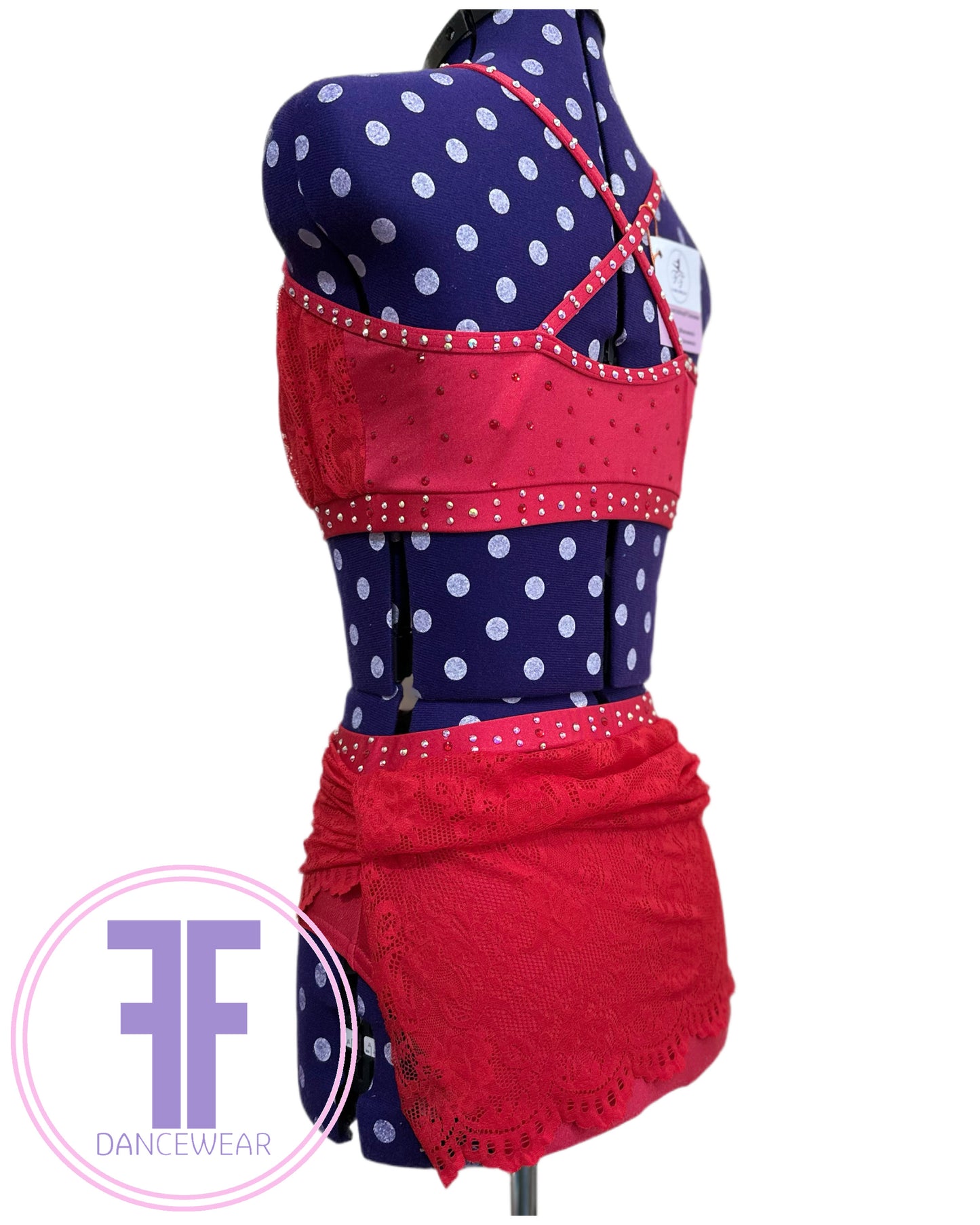 PRE-LOVED BESPOKE Red Stoned Lyrical / Contemporary Dance Costume (Adult XS)