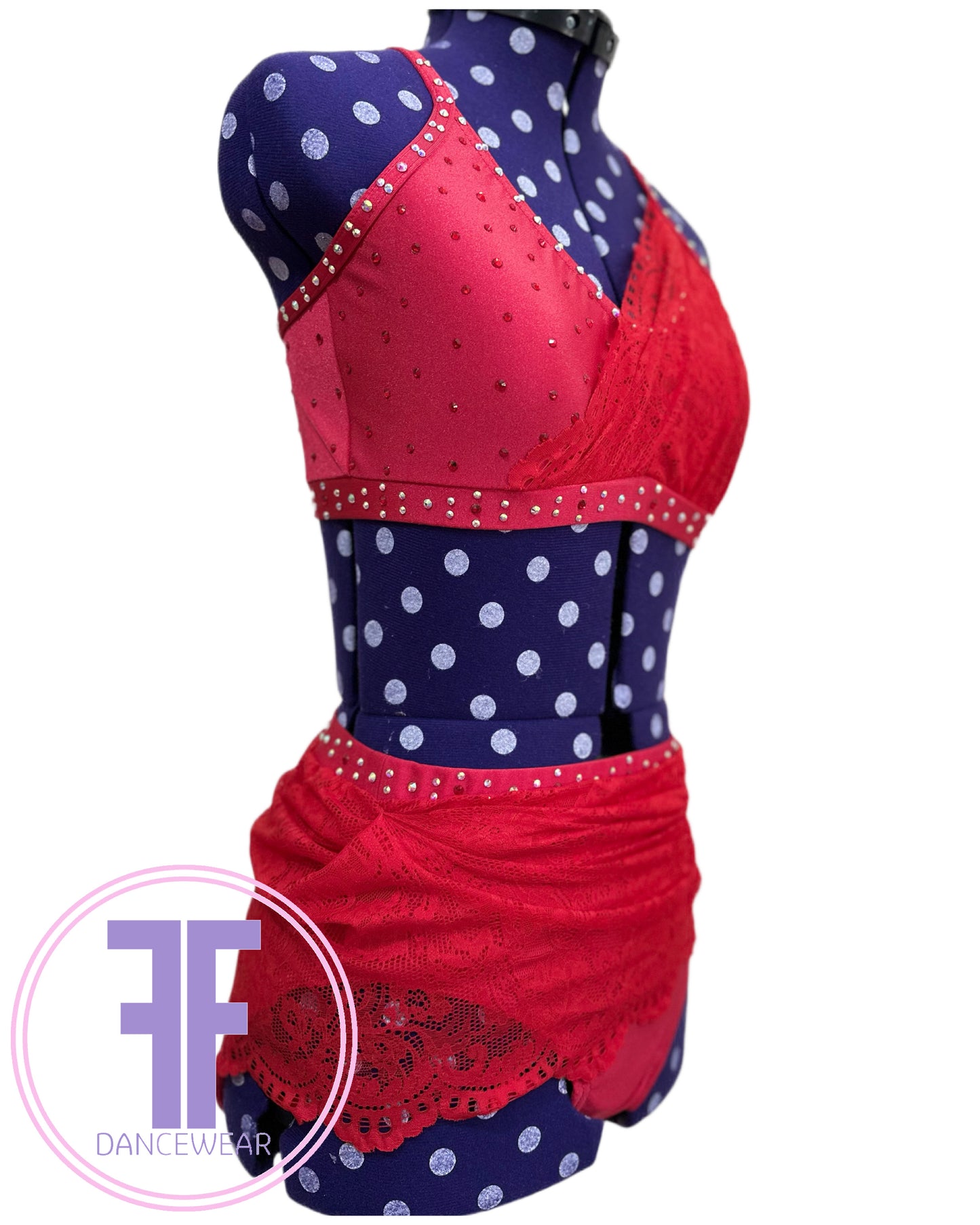 PRE-LOVED BESPOKE Red Stoned Lyrical / Contemporary Dance Costume (Adult XS)