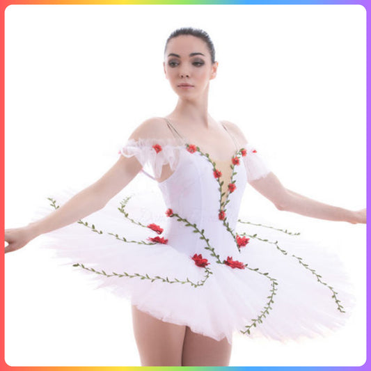 White with Red Flowers Professional Ballet Pancake Tutu (Child & Adult Sizes)