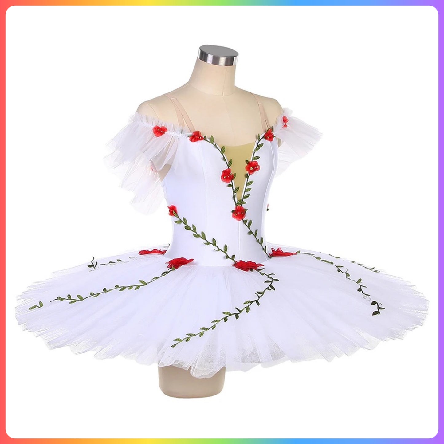 White with Red Flowers Professional Ballet Pancake Tutu (Child & Adult Sizes)