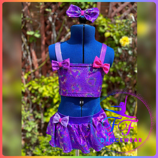 BESPOKE Metallic Purple and Rainbow Hearts Modern / Tap Dance Costume (Size 1 - approx. 7/8 yrs)