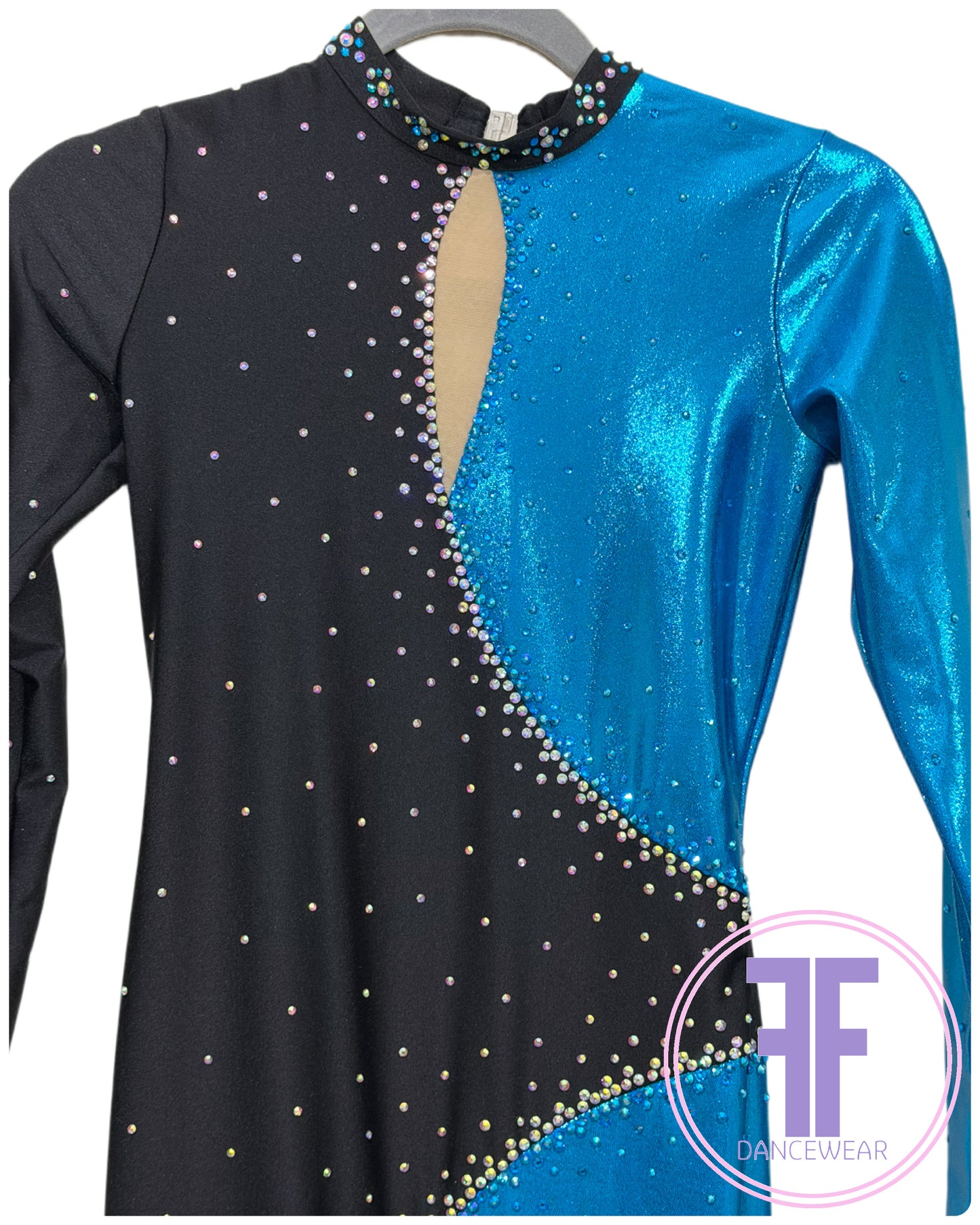 BESPOKE Ocean Blue & Black Stoned Modern / Jazz / Acro Unitard (Adult XS)