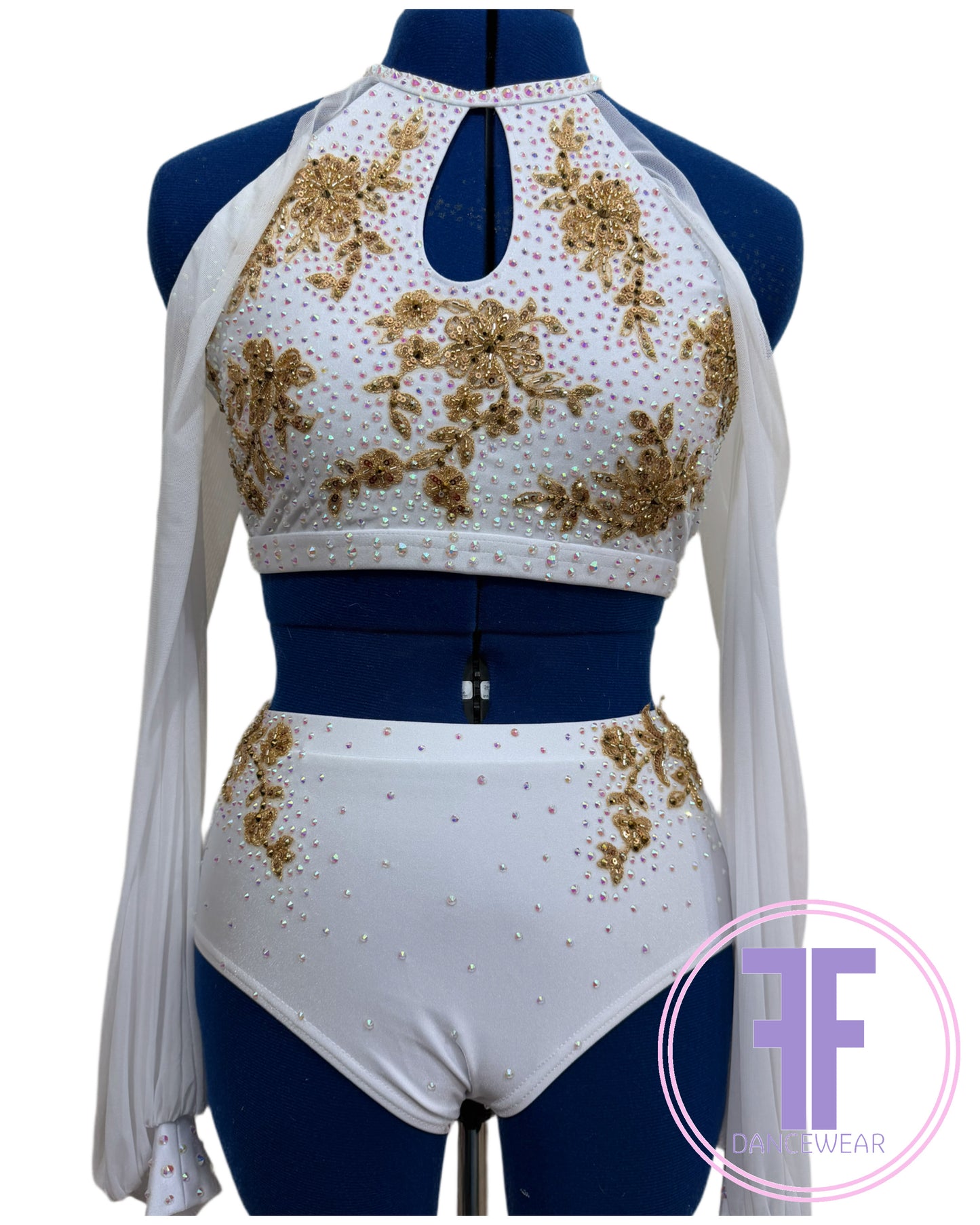 Bespoke White & Gold Stoned Lyrical / Contemporary Dance Costume (AS)