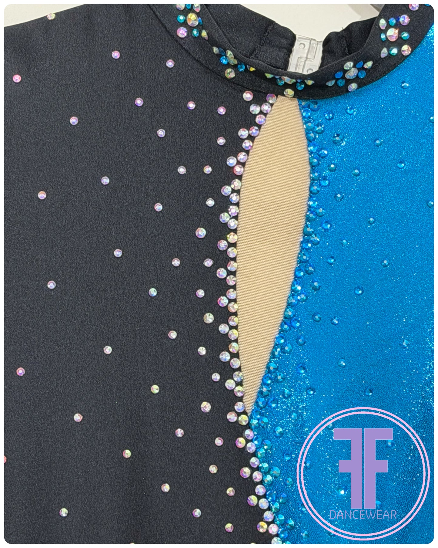 BESPOKE Ocean Blue & Black Stoned Modern / Jazz / Acro Unitard (Adult XS)