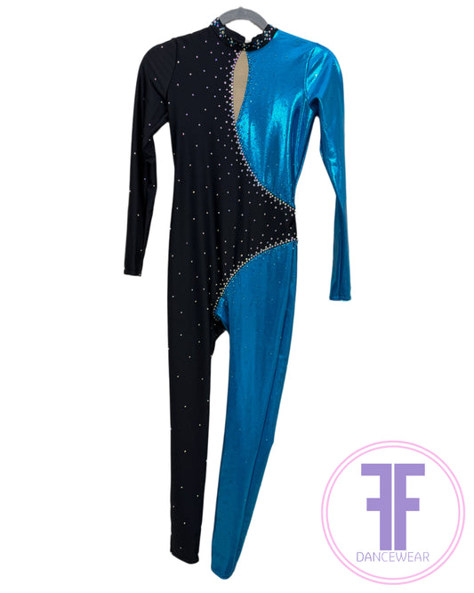 BESPOKE Ocean Blue & Black Stoned Modern / Jazz / Acro Unitard (Adult XS)