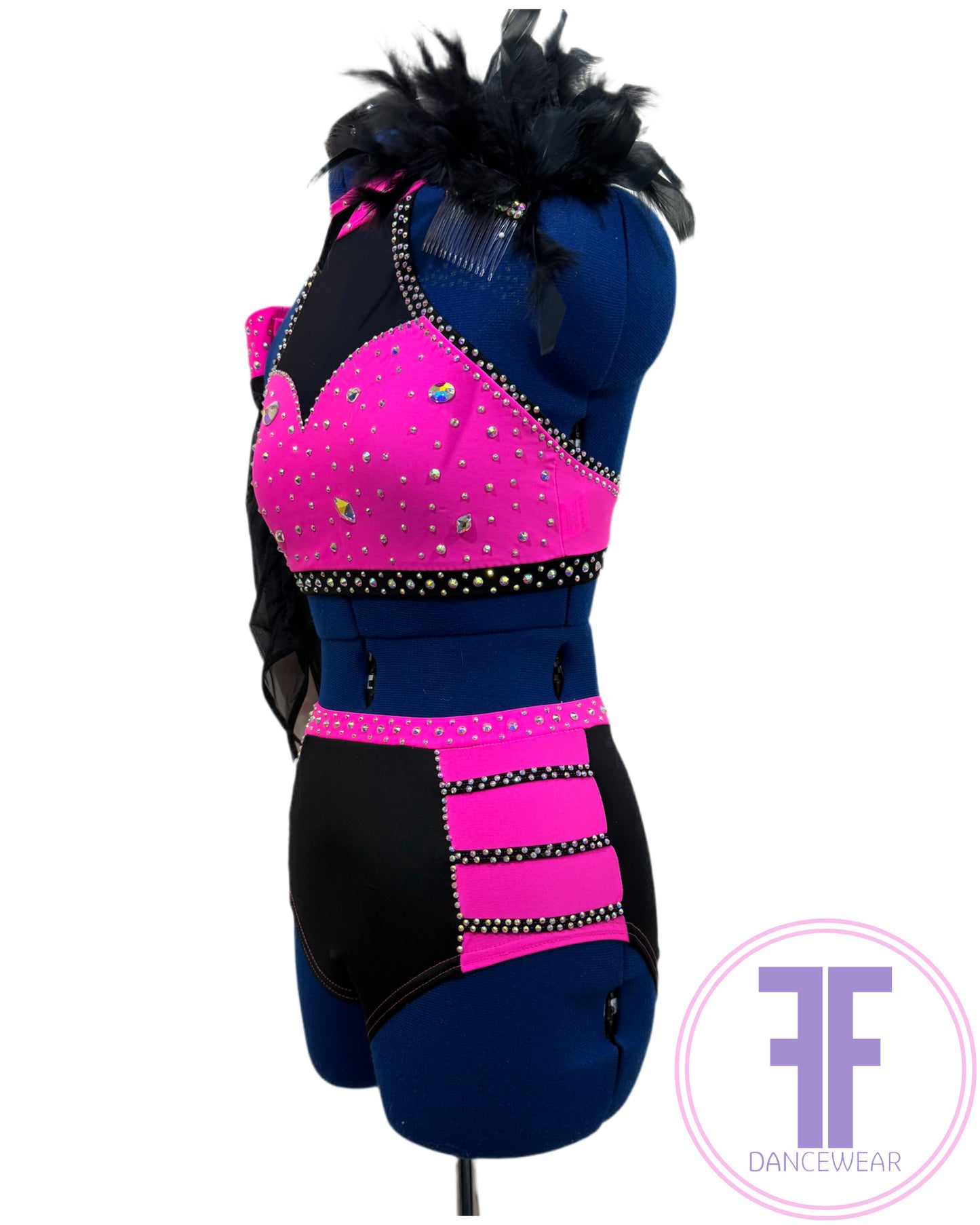BESPOKE Neon Pink & Black Stoned Modern / Tap / Acro Dance Costume (AS)
