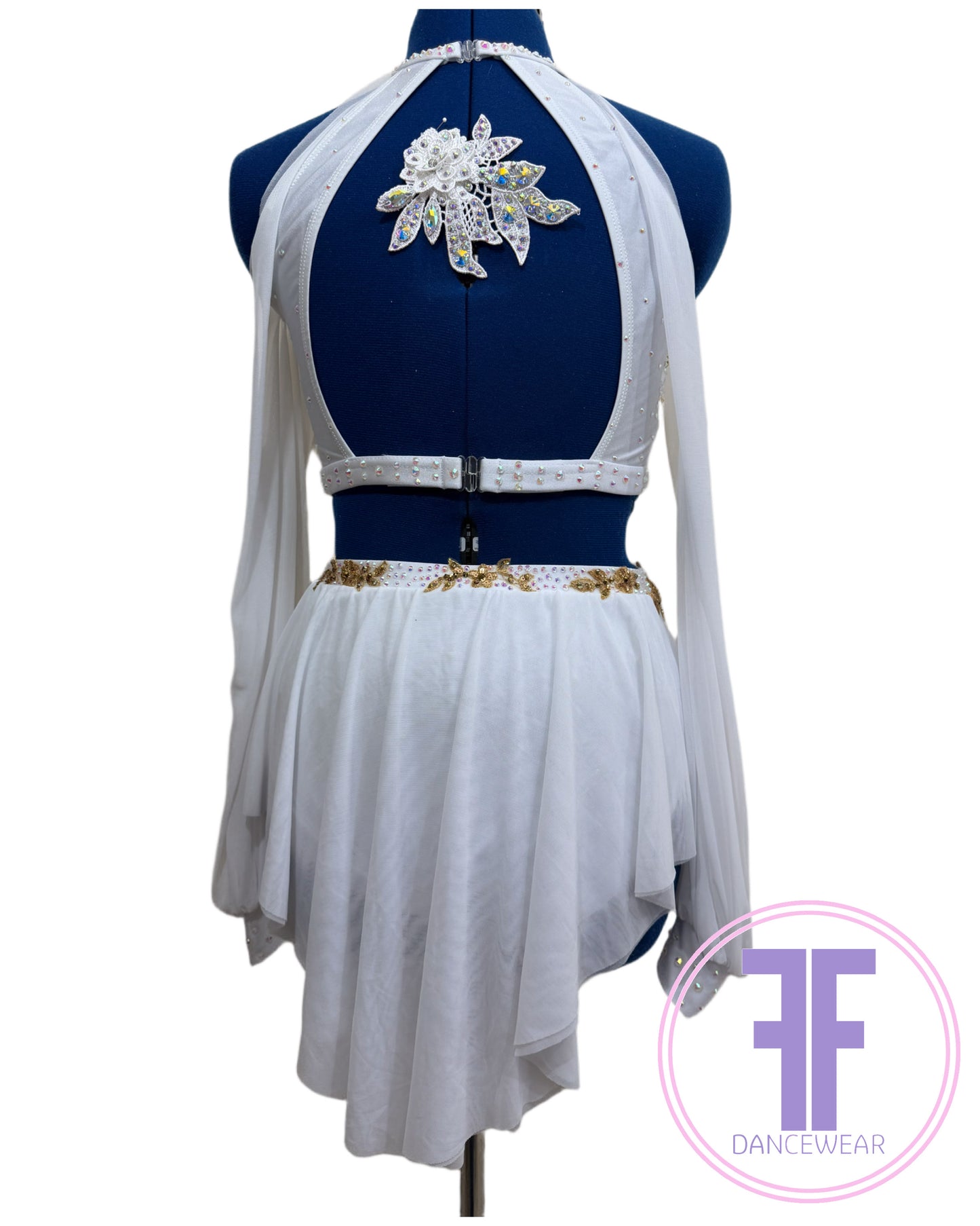 Bespoke White & Gold Stoned Lyrical / Contemporary Dance Costume (AS)