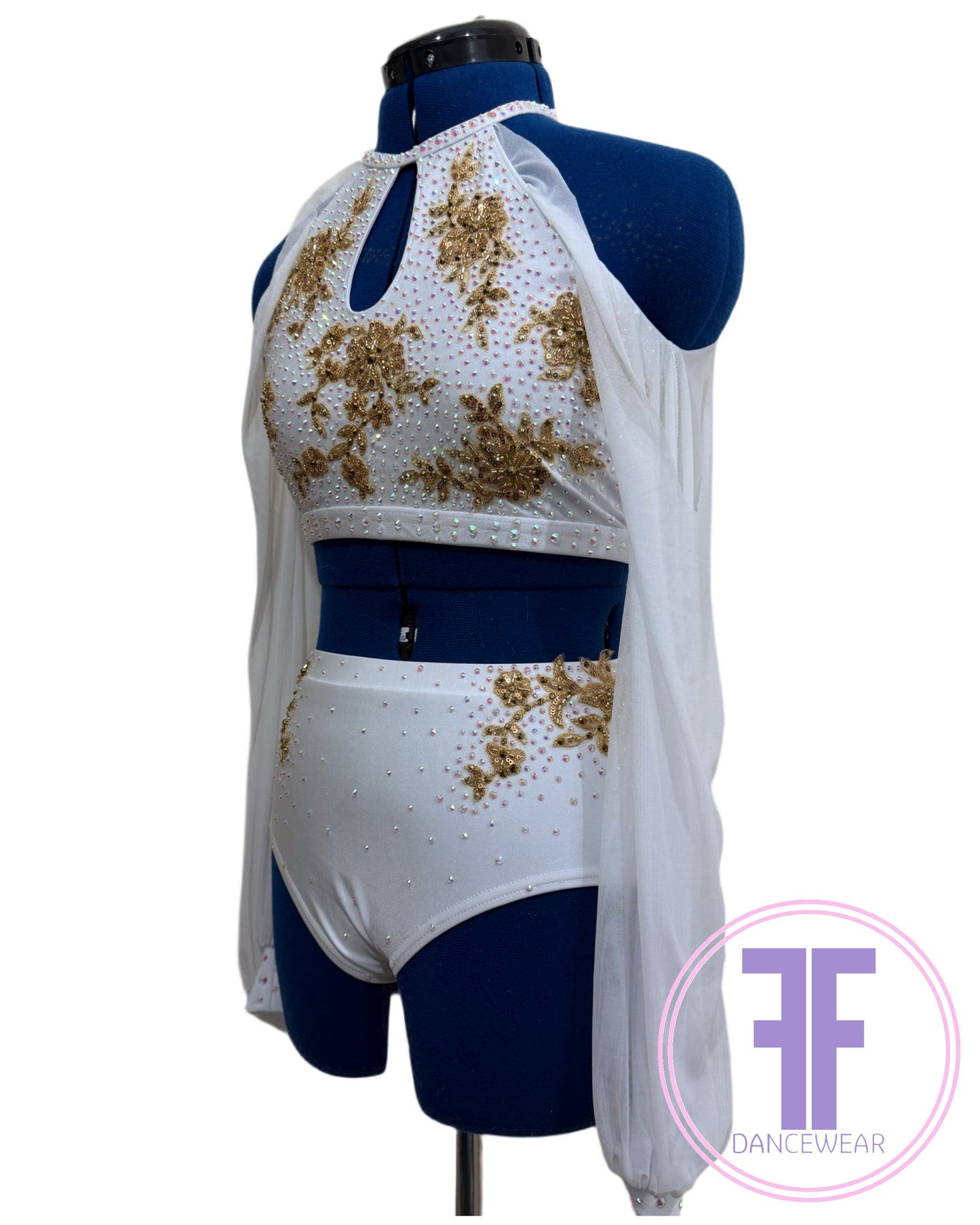 Bespoke White & Gold Stoned Lyrical / Contemporary Dance Costume (AS)