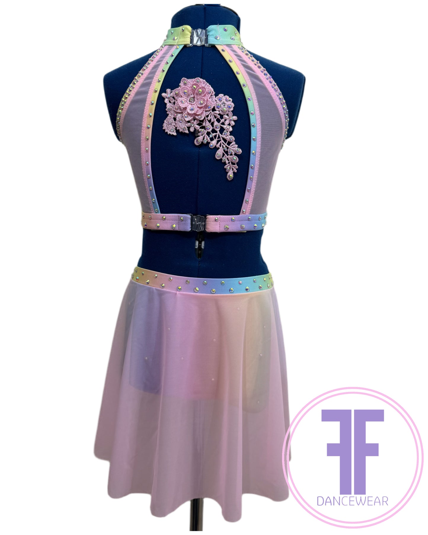 ELENA Pastel Rainbow & Pink Stoned Lyrical / Contemporary Dance Costume (7/8 yrs)