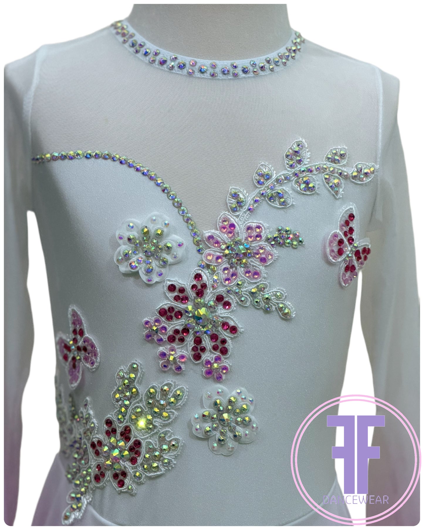 BESPOKE Ombre White Fuchsia Stoned Lyrical / Contemporary Dance Costume (5/6yrs)